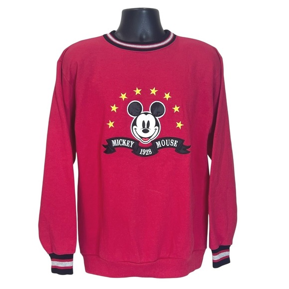 Vintage Mickey & Co Mickey Mouse 1928 Crewneck Sweatshirt Red Striped Collar LG - Picture 1 of 9